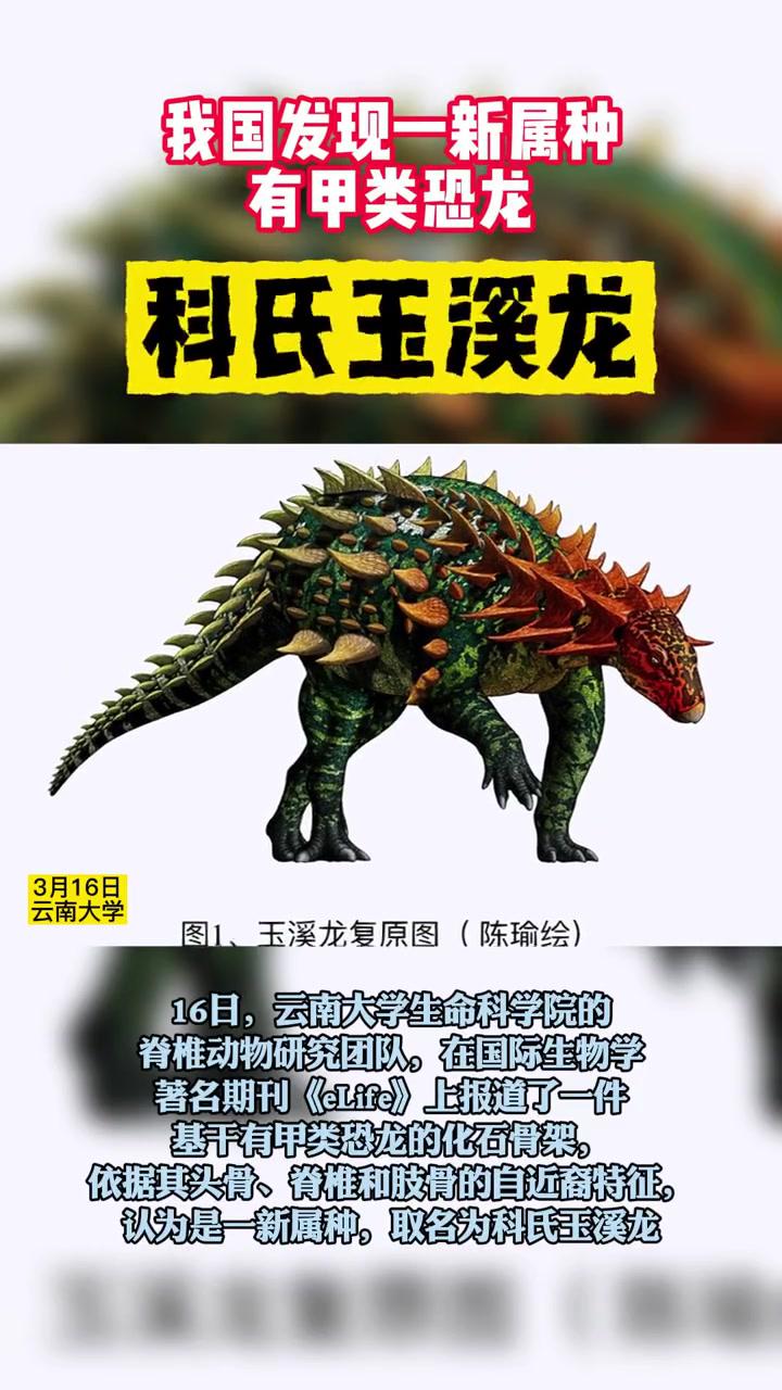 我国发现一新属种有甲类恐龙——科氏玉溪龙