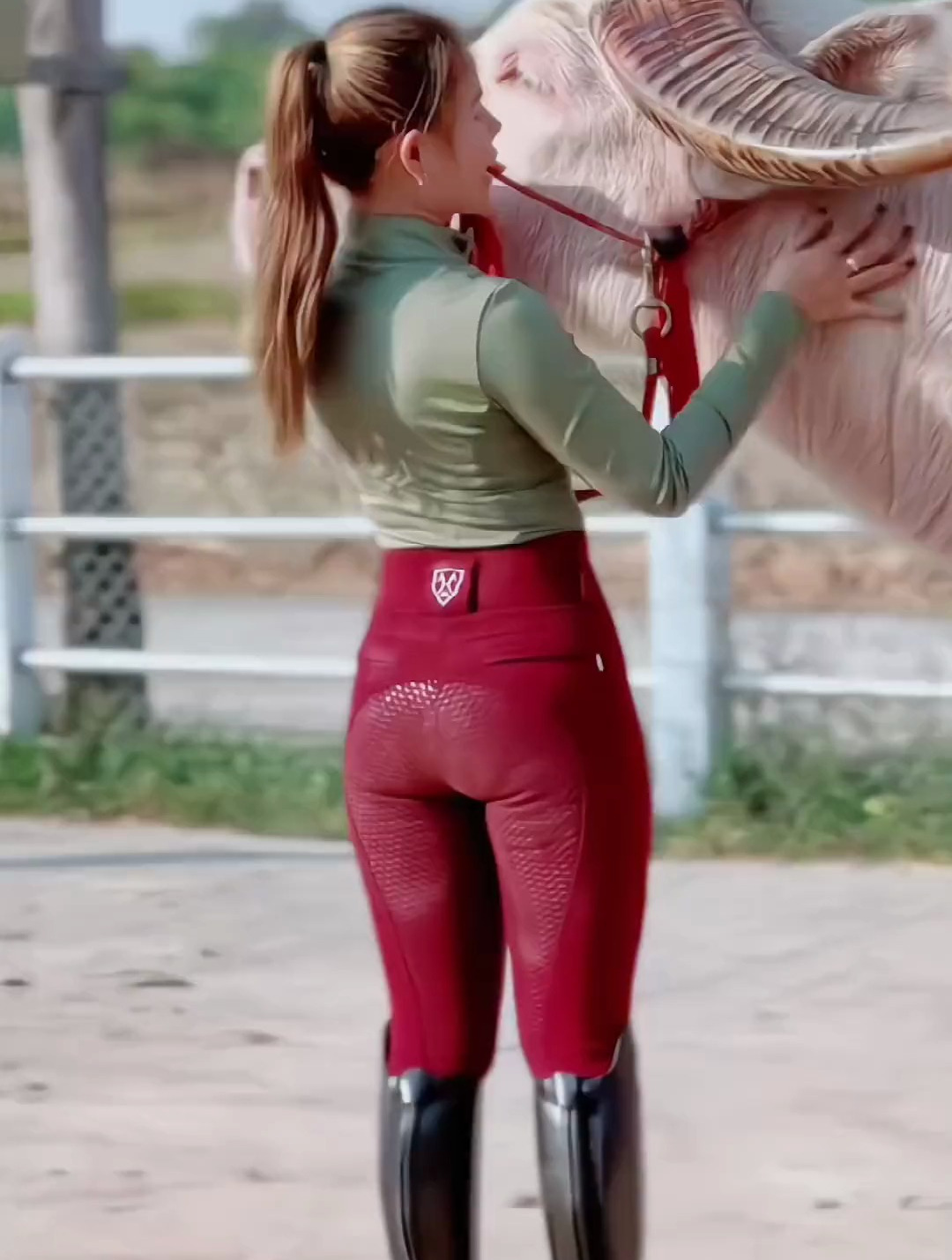 它看见红裤子好像没反应啊-美女骑牛