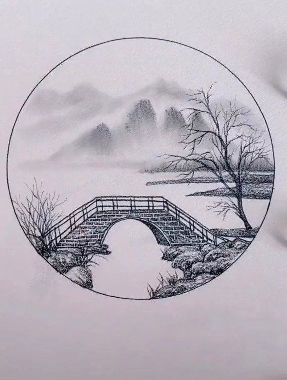 美术素描,水上孤桥,满眼凄凉