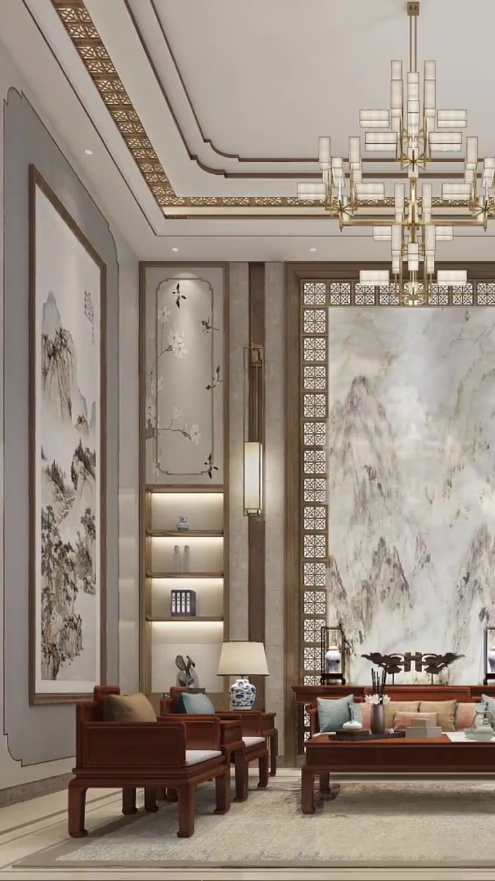 装修效果欣赏:800平新中式别墅挑空客厅设计