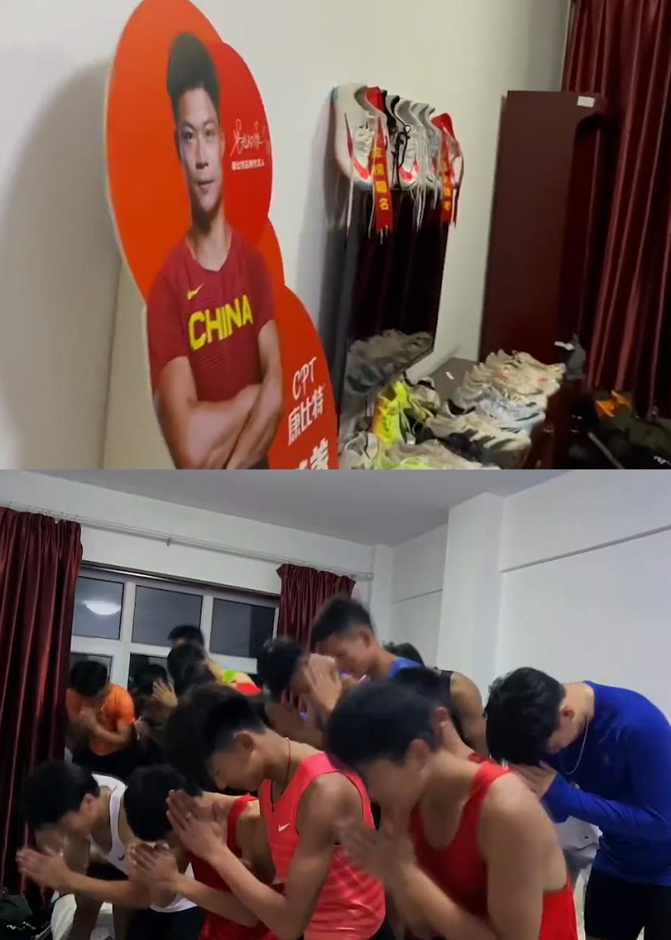 高三体育生体考前集体拜苏炳添沾沾神气考试顺利