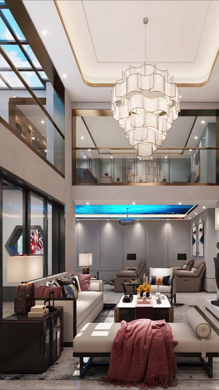 装修效果欣赏:现代中式叠墅挑空客厅设计-度小视