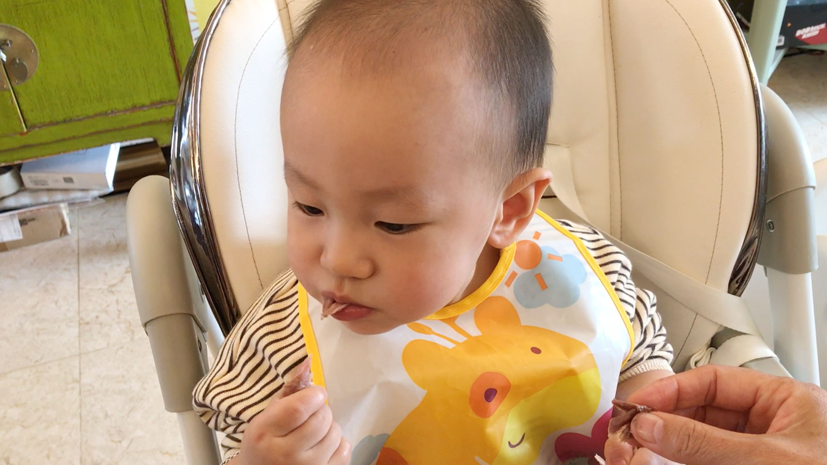 萌宝吃肉肉:一岁二个月宝宝爱吃肉,细嚼慢咽吃得津津有味