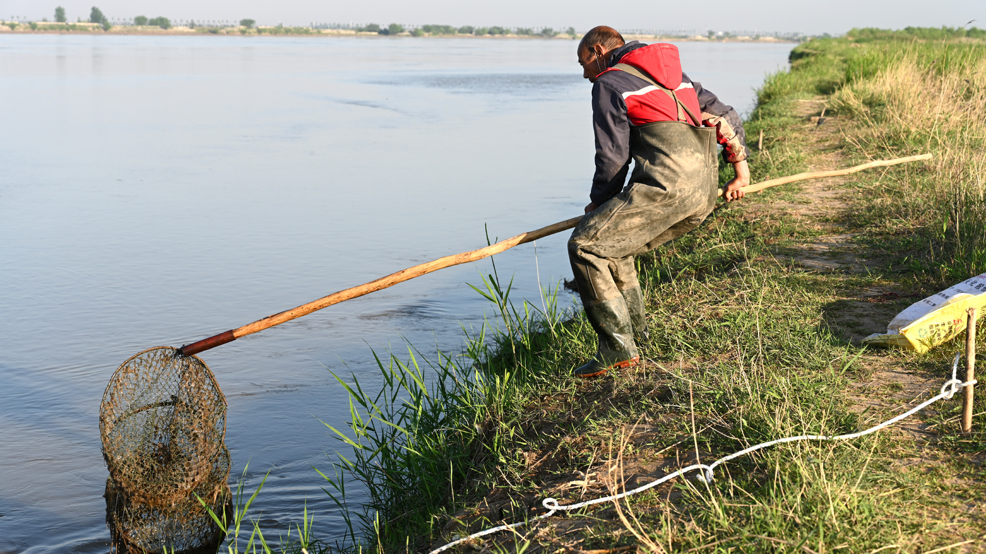 老渔民黄河捕鱼,渔具很传统状如笼子,扔水里就能有收获