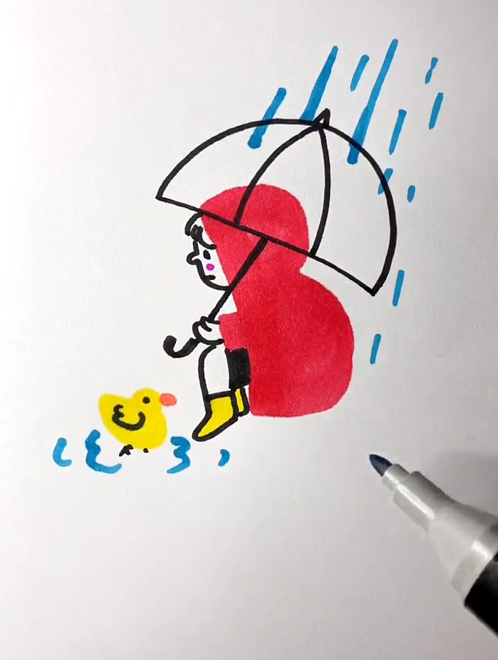 字母b画雨中小女孩,创意画,儿童简笔画教程,创意简笔画