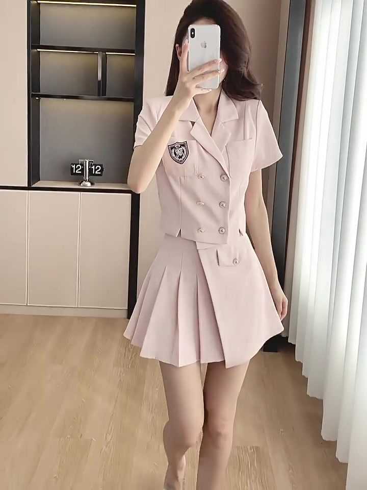 法式甜美小个子西装套装裙女,夏季薄款小西服短裙两件套洋气减龄