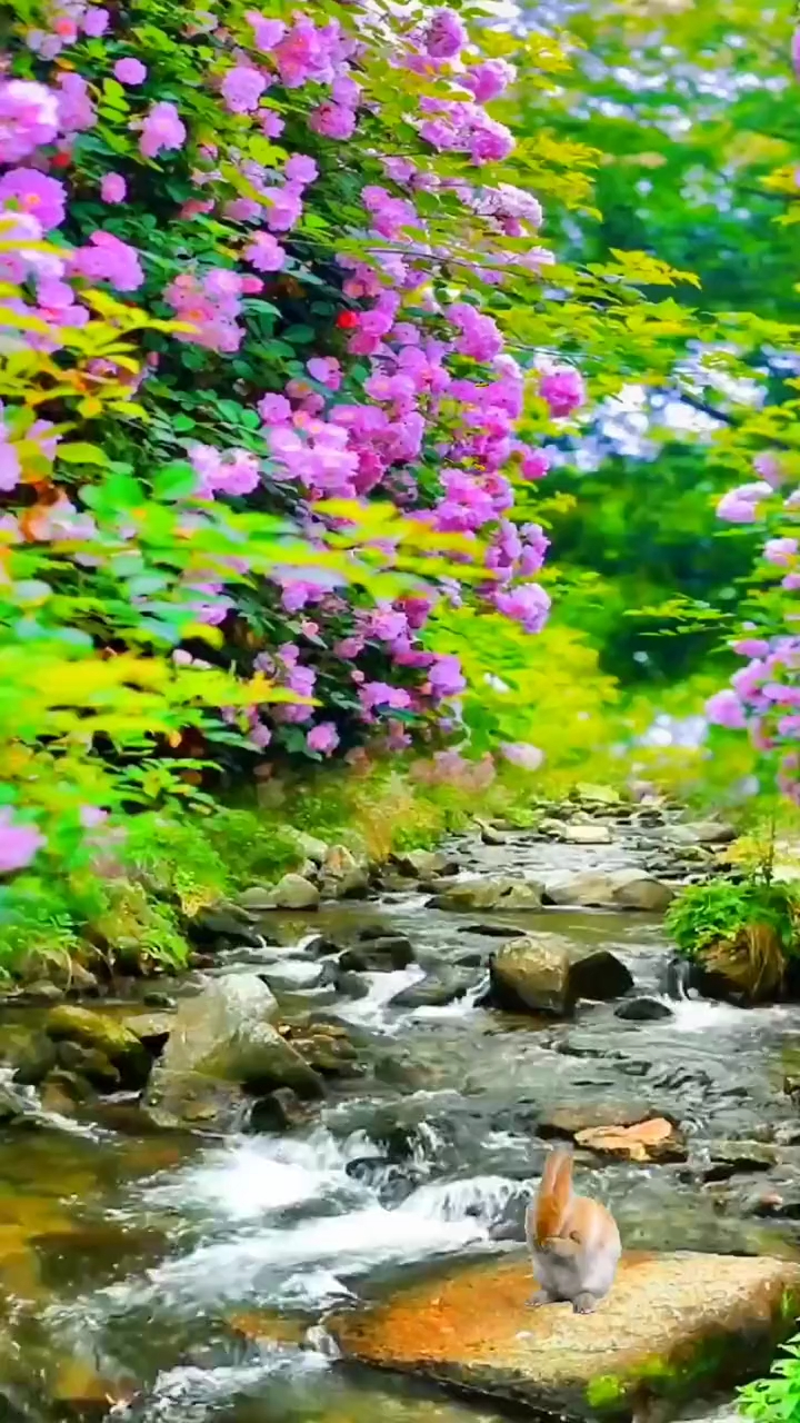 夏天,小溪里潺潺流动的水清澈透明,在绿草鲜花的簇拥下向前奔流