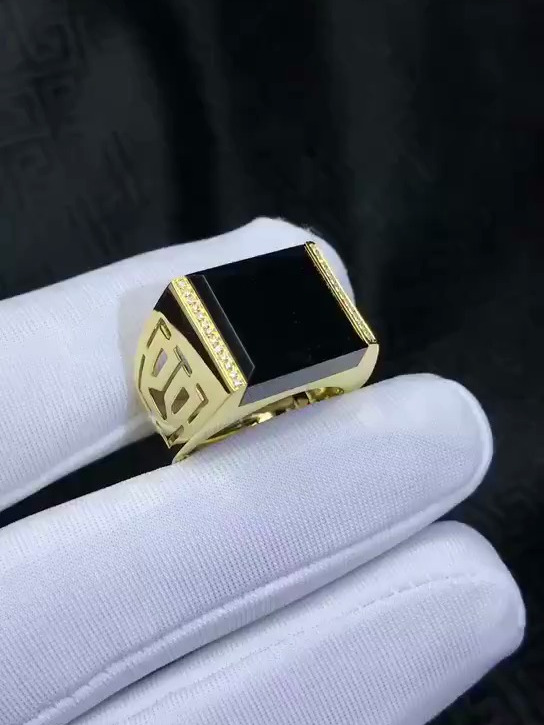 天然墨翠18k金黄金戒指男士戒指
