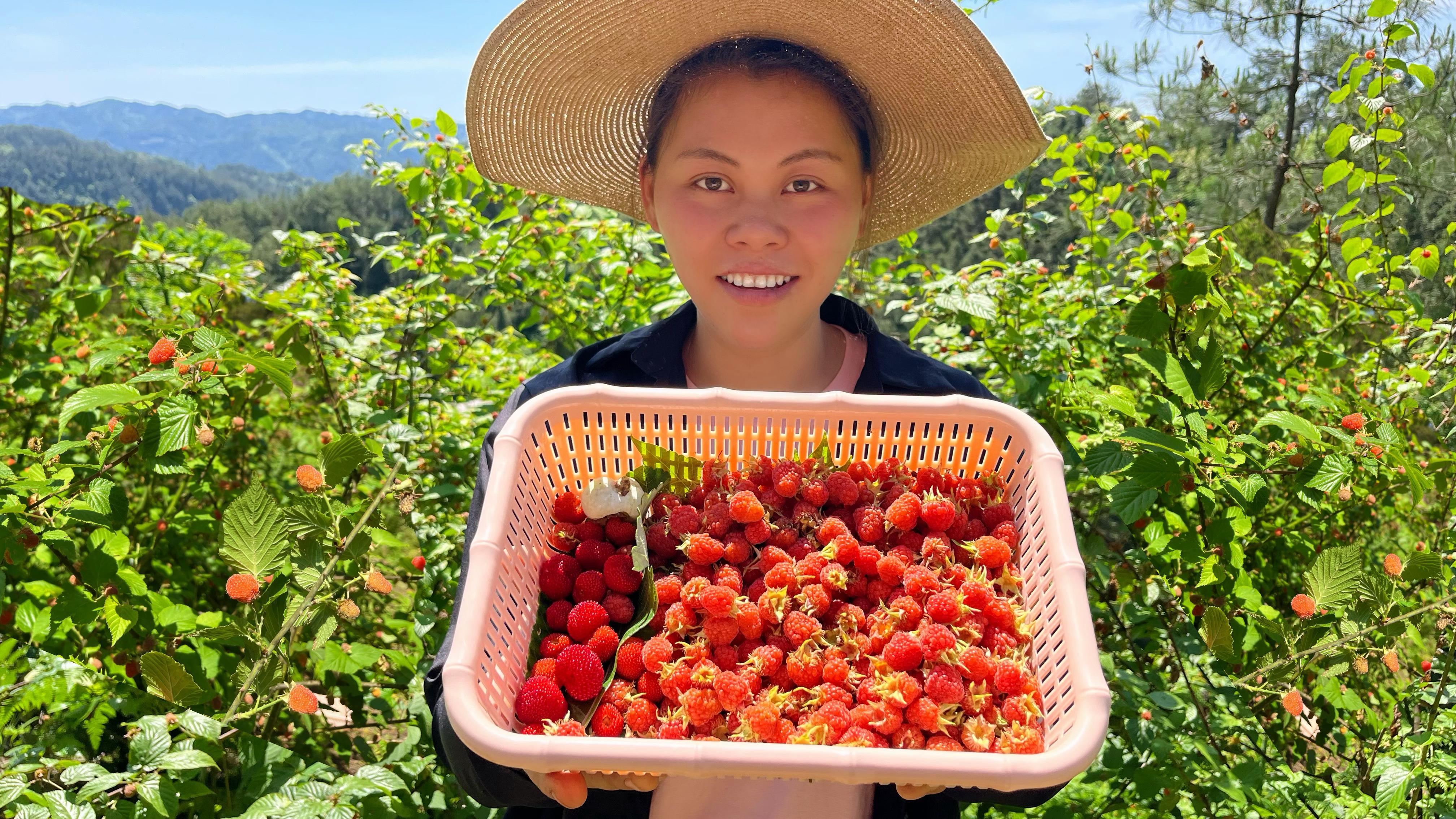 进山摘了很多树莓野果,配上凉拌面条,加个鸭腿和泡椒野果吃到饱