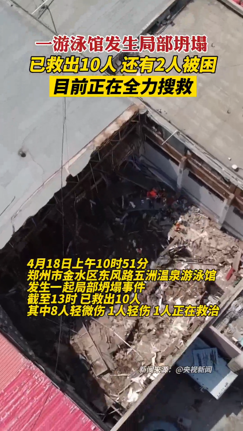 航拍现场画面郑州一游泳馆发生坍塌已救出10人仍有2人被困
