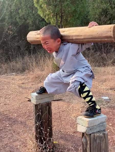 四岁小男孩练武术,扛木头蹲马步,满脸泪水依然坚持不懈-度小视