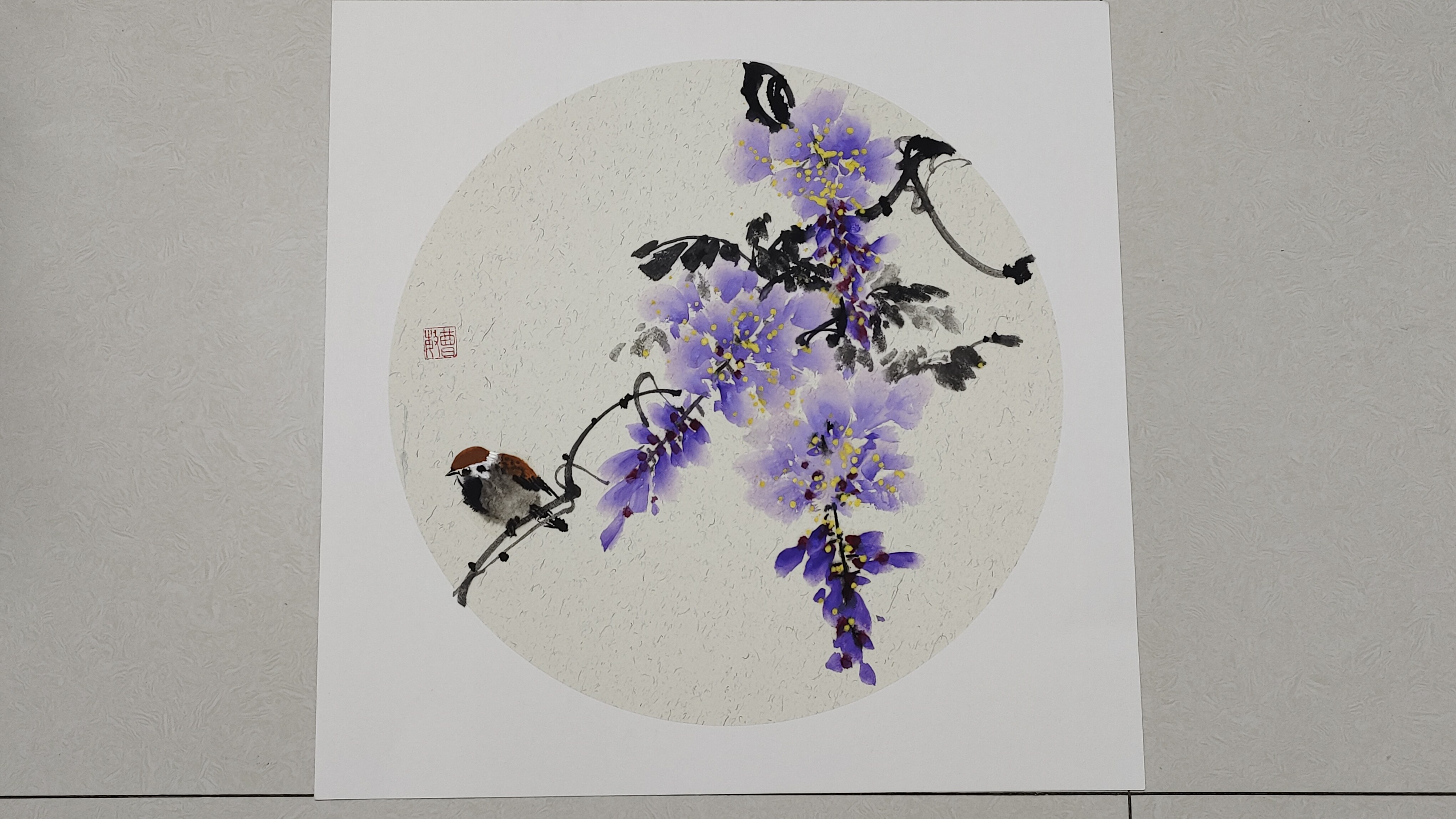 小品国画写意紫藤花与麻雀画法,小白也能学会
