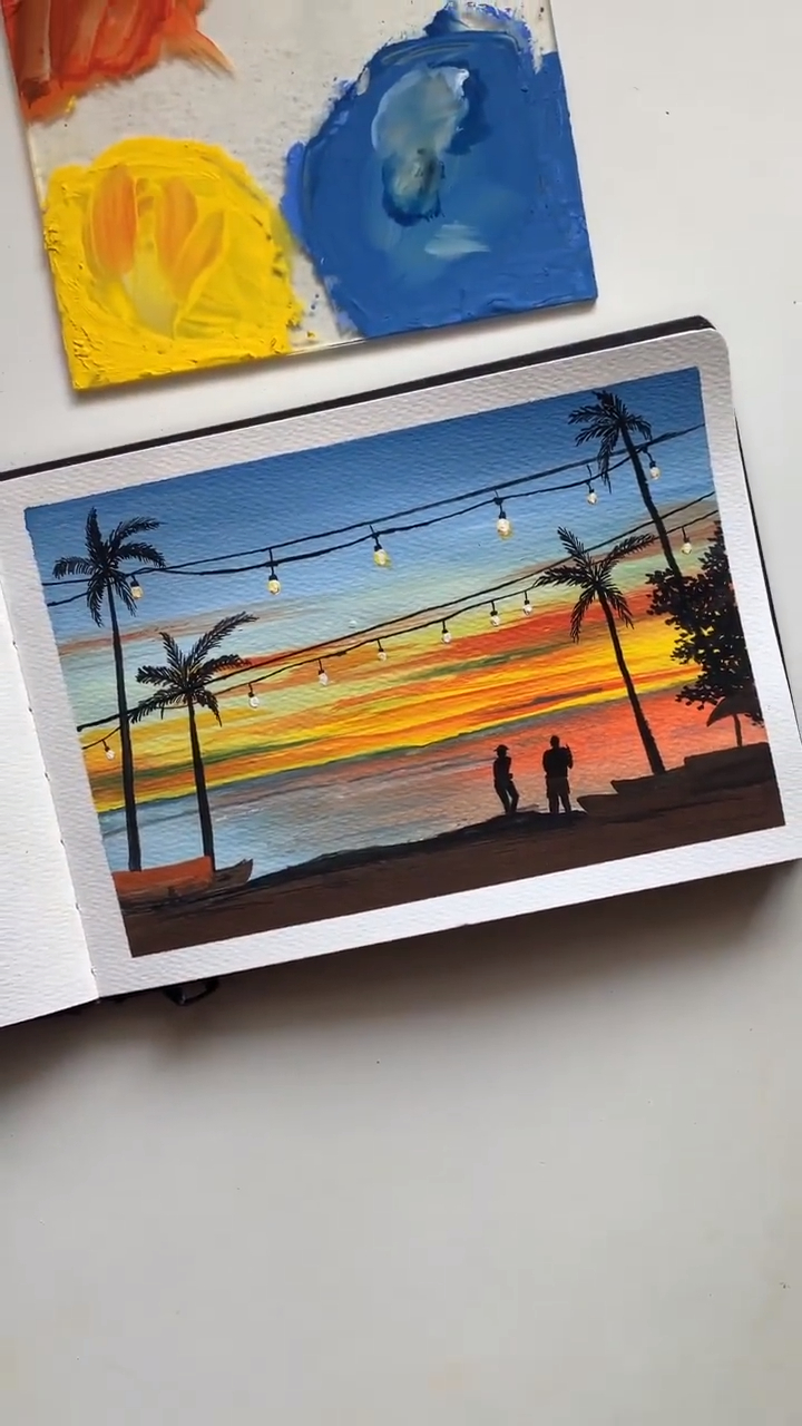 丙烯画晚霞夕阳丙烯画