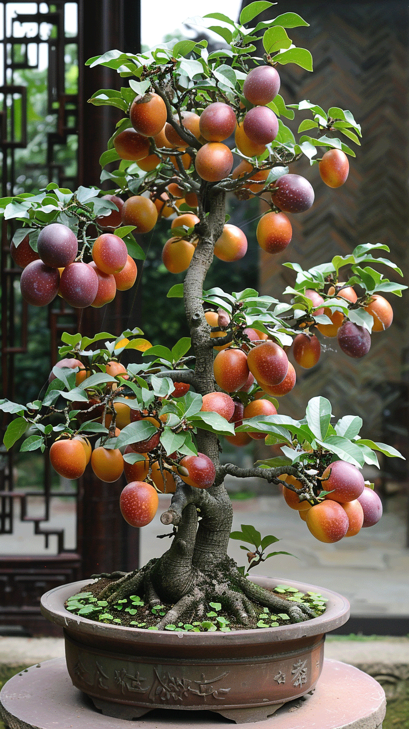 老爷爷栽种的百香果盆景,枝干造型婀娜,硕果累累,赶紧尝尝鲜