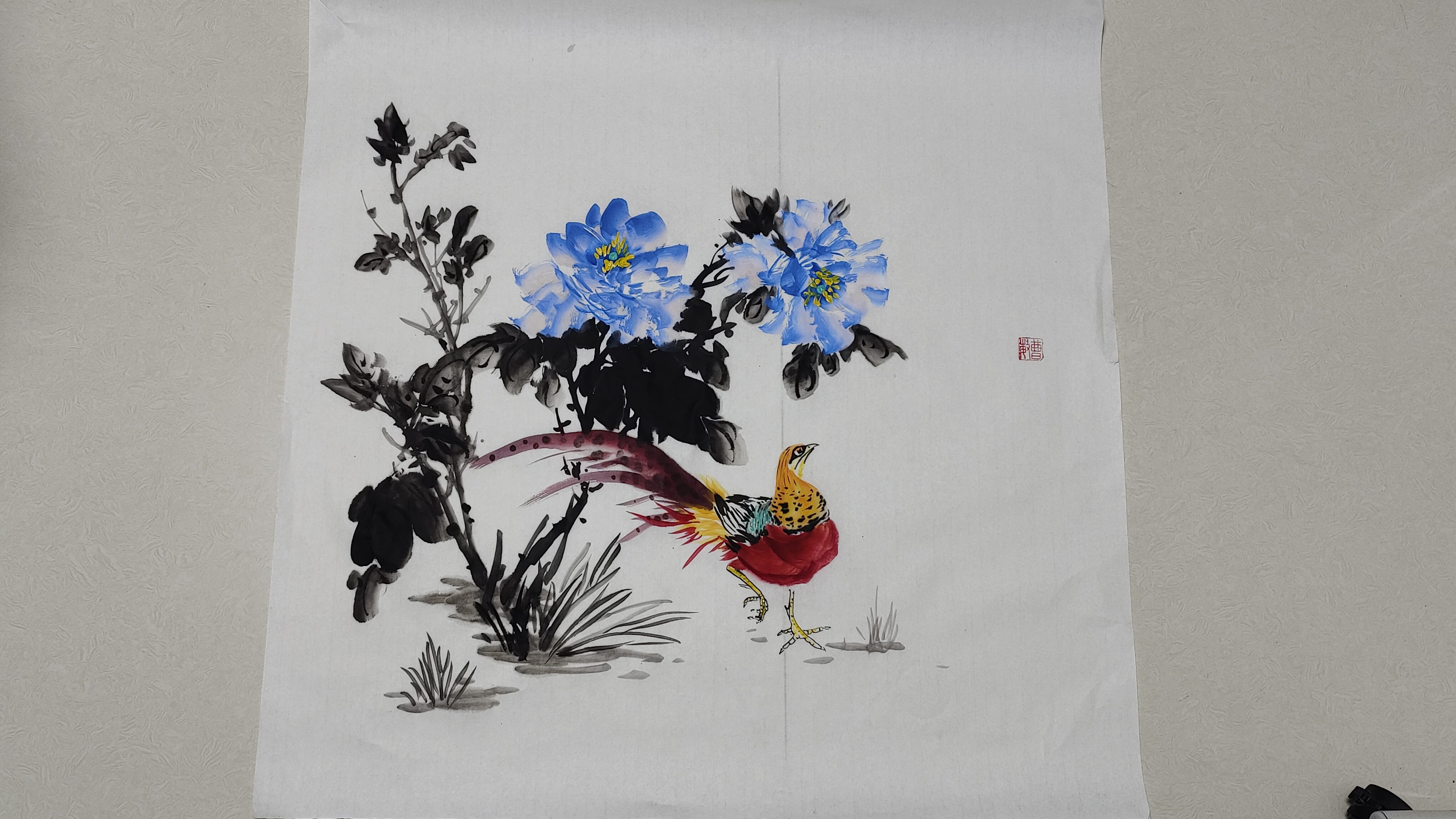 红腹锦鸡小写意画法,与牡丹组合锦上添花,一种技巧教会你