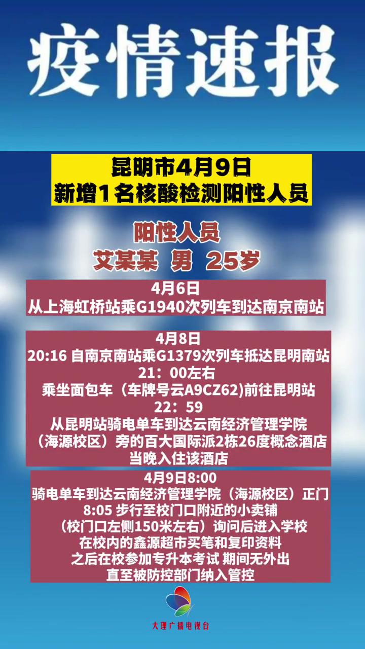 云南 疫情速报昆明市4月9日新增1名核酸检测阳性人员