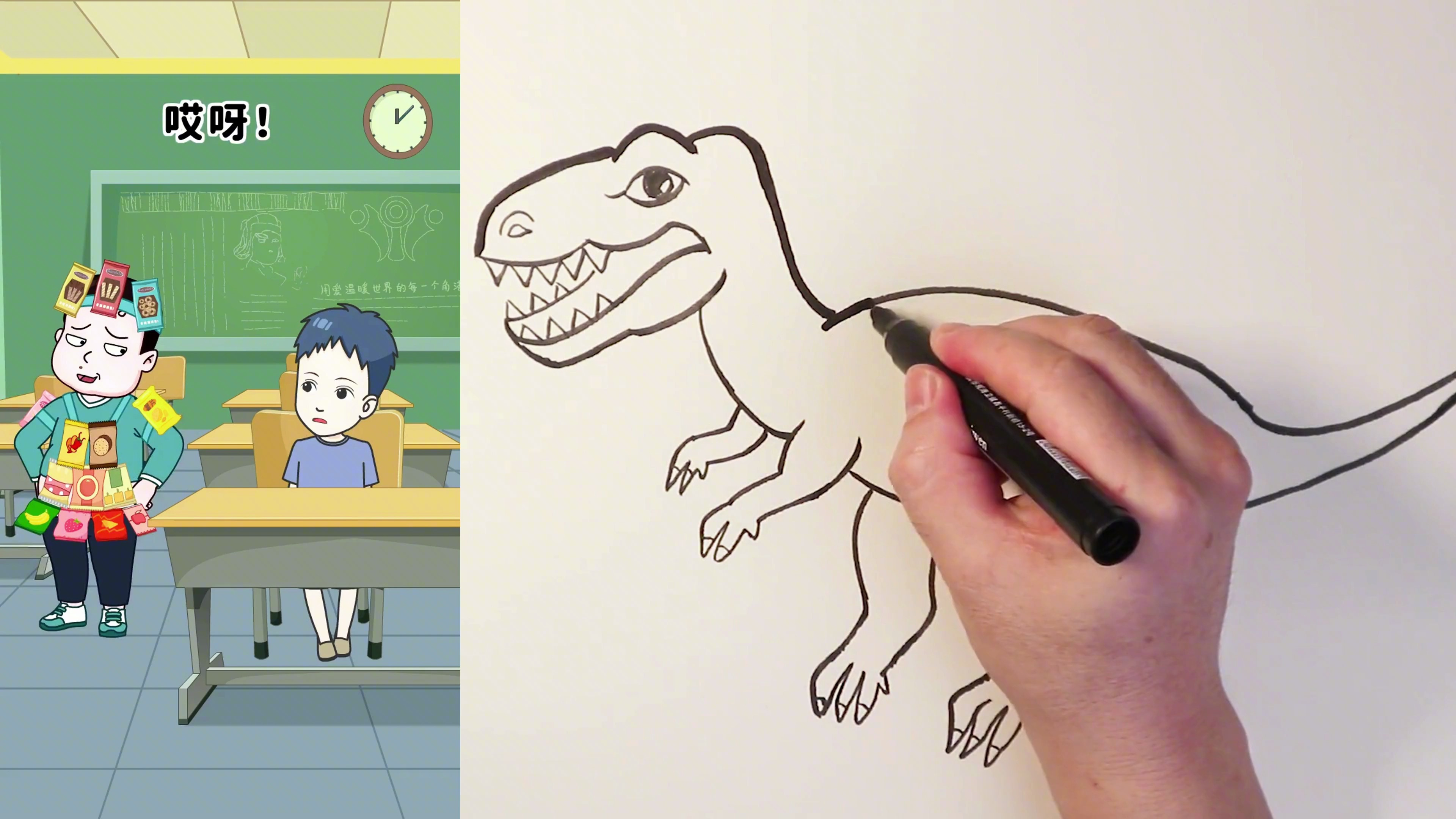看动画学画画:简笔画~霸王龙的画法+涂色,儿童绘画简单又好画