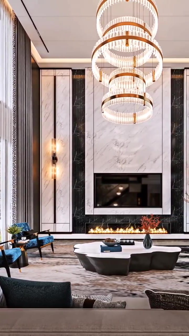 装修效果欣赏7米超高挑空客厅设计大理石背景墙装饰太霸气了