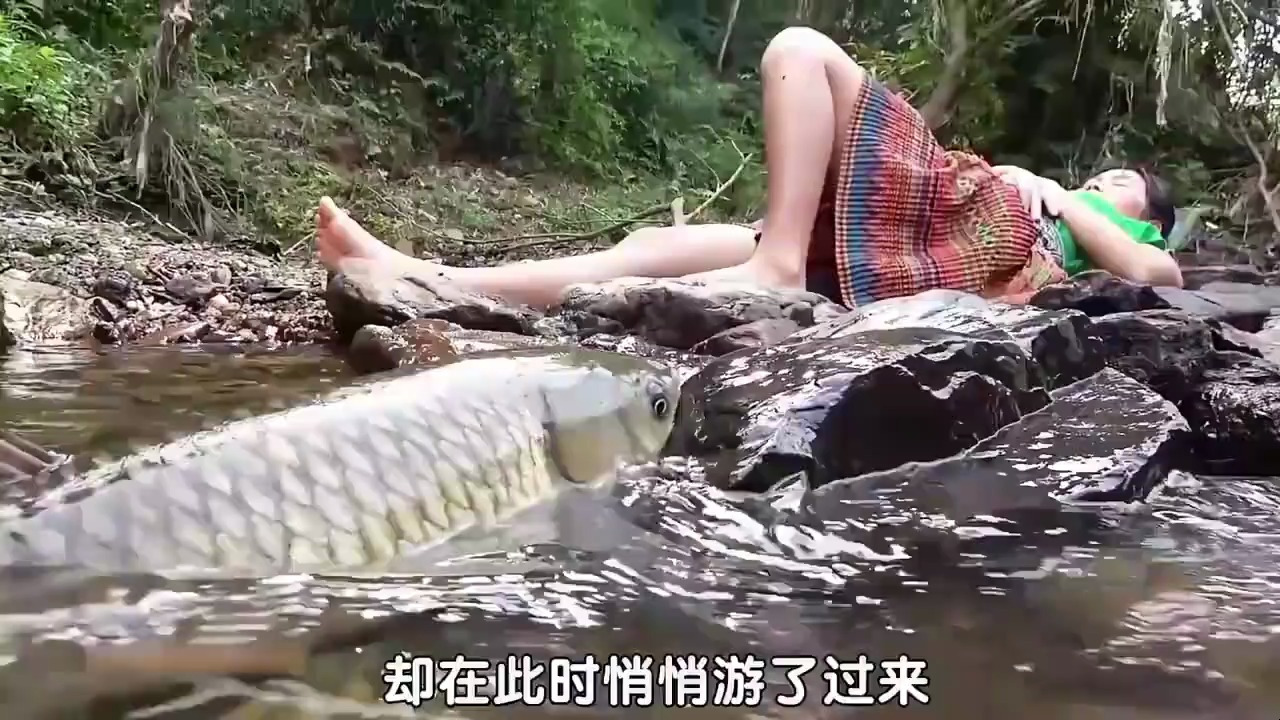 女子在水边睡觉,突然游出来一条大鱼,女子吓得拔腿就跑