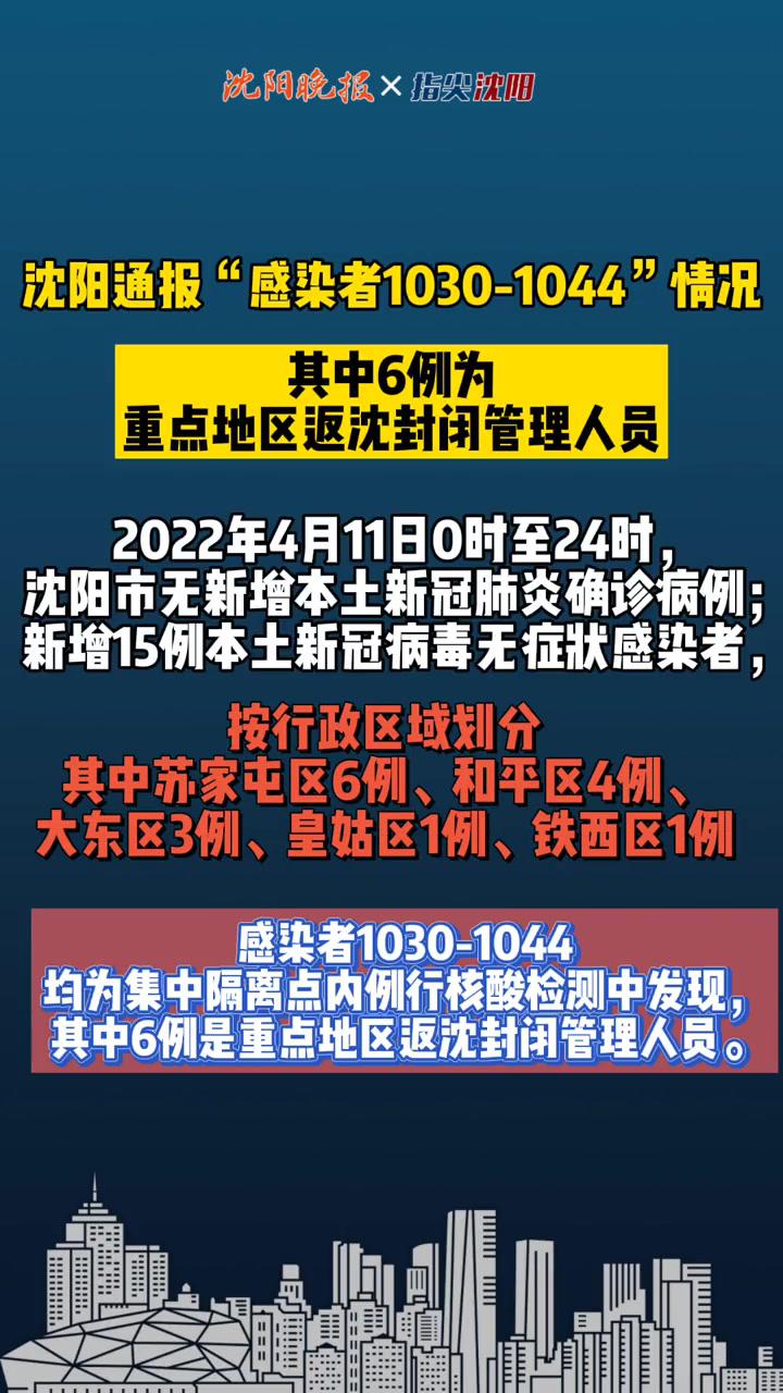 沈阳通报"感染者1030-1044"情况其中6例为重点地区返沈封闭管理人员
