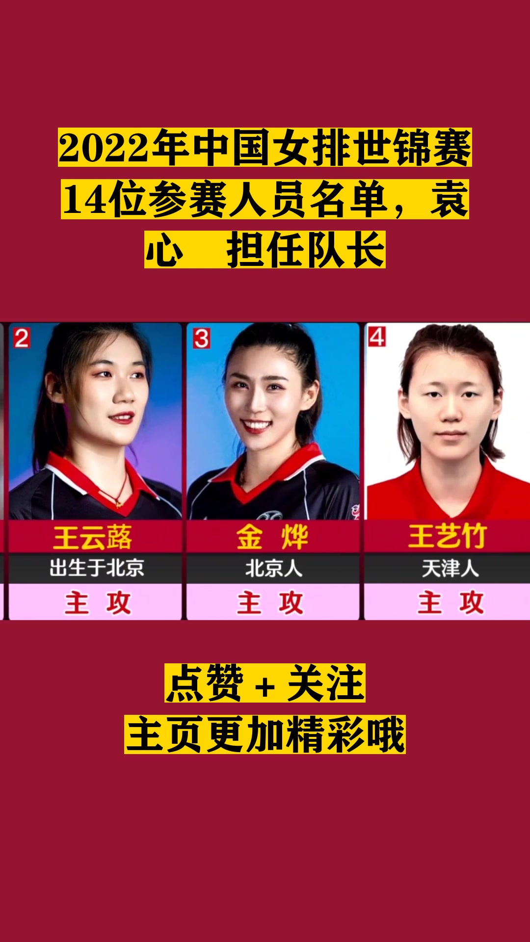 2022年中国女排世锦赛14位参赛人员名单,袁心玥担任队长!