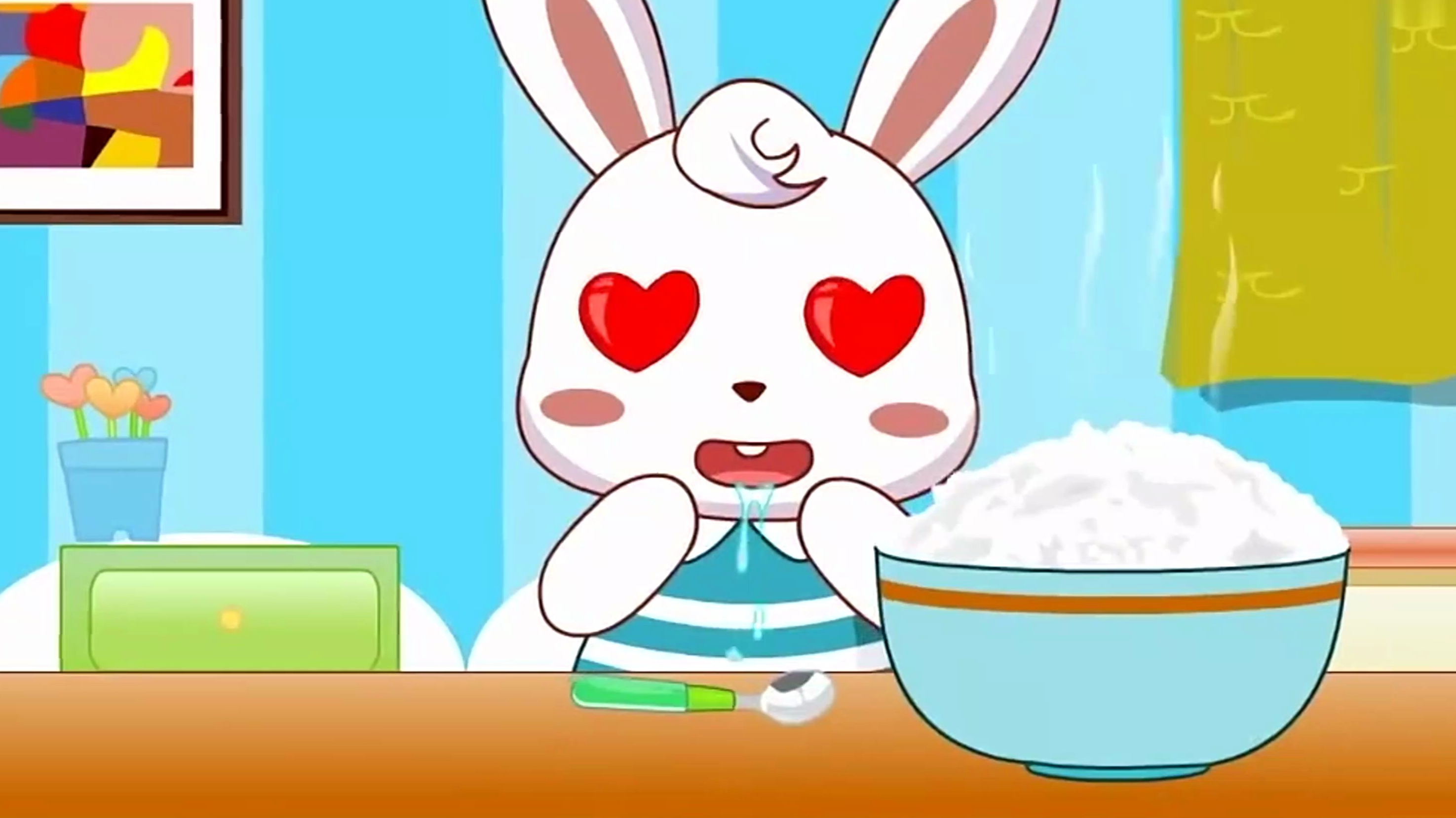 兔小贝儿歌:人是铁饭是钢,一顿不吃饿得慌,大家要按时吃饭哦!