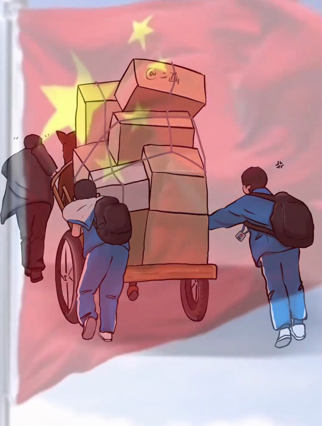 两名少年放学路上,帮腿脚不便的老人推车