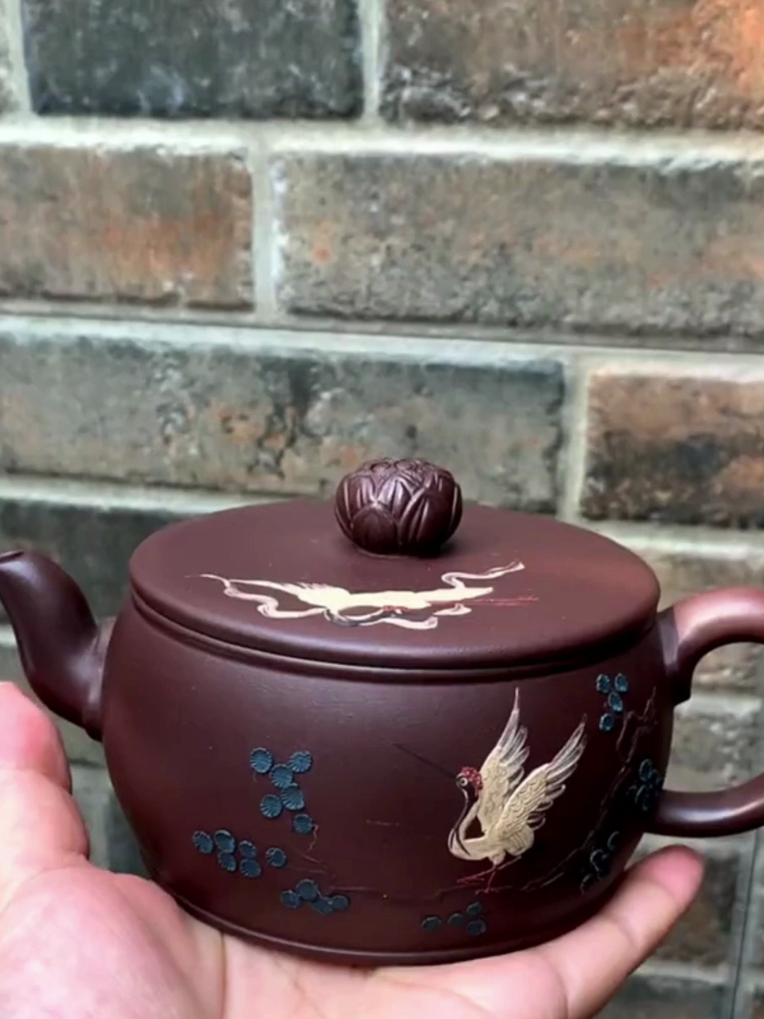 松鹤延年,精美彩绘紫砂茶壶