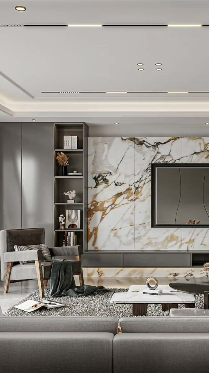 现代轻奢大平层,鱼肚金电视背景墙分享-度小视