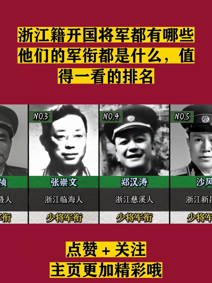 5. 浙江籍开国将军都有哪些他们的军衔都是什么,值得一看的排名