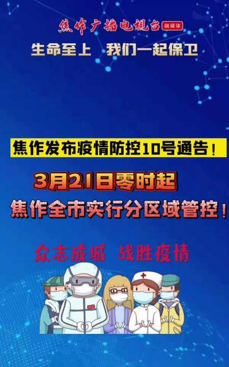 焦作发布疫情防控10号通告!3月21日零时起,焦作全市实行分区域管控!