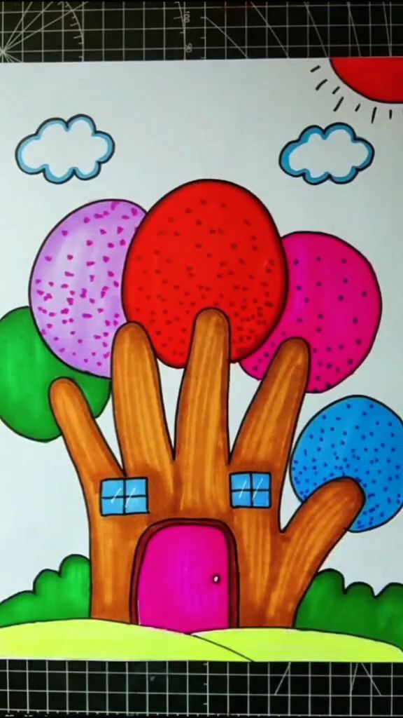 五彩树屋手掌画创意手掌画