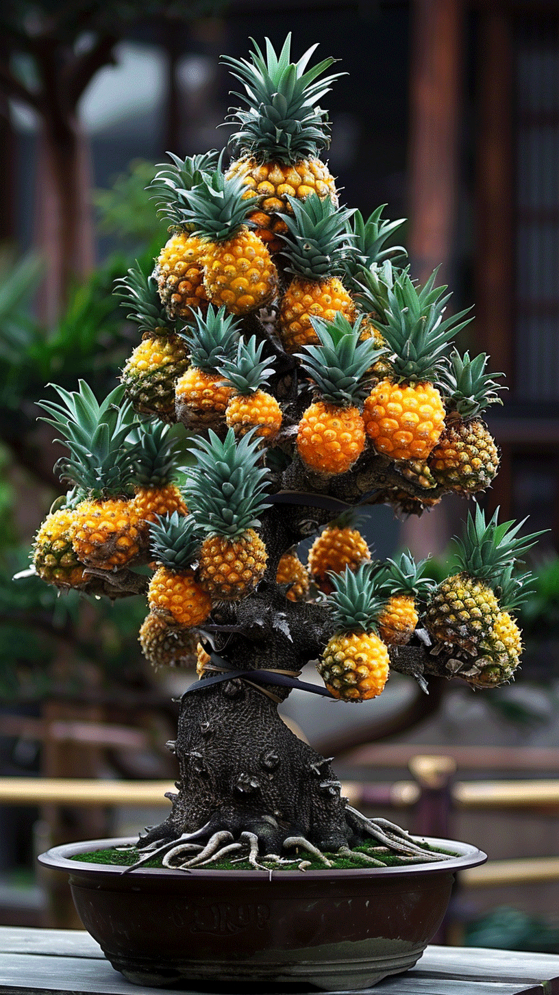 难得一见的菠萝盆景,菠萝硕果累累,百年老桩,价值连城!观赏