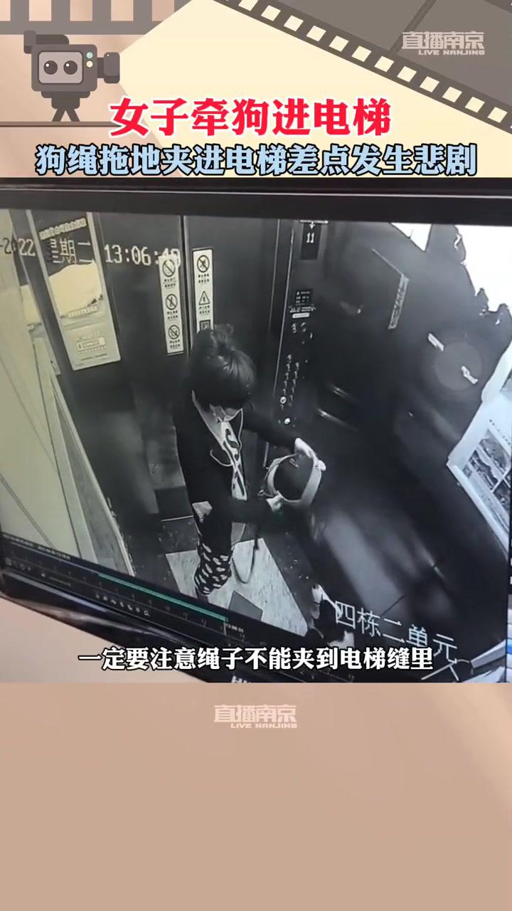 女子牵狗进电梯狗绳拖地夹进电梯差点发生悲剧江苏dou知道