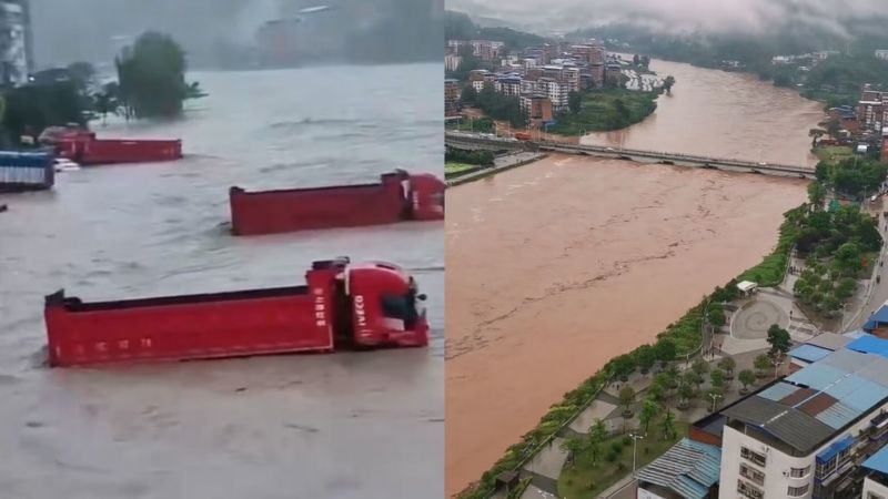 四川达州突降暴雨:汽车驾驶位被淹没,河流水位暴涨接近桥面