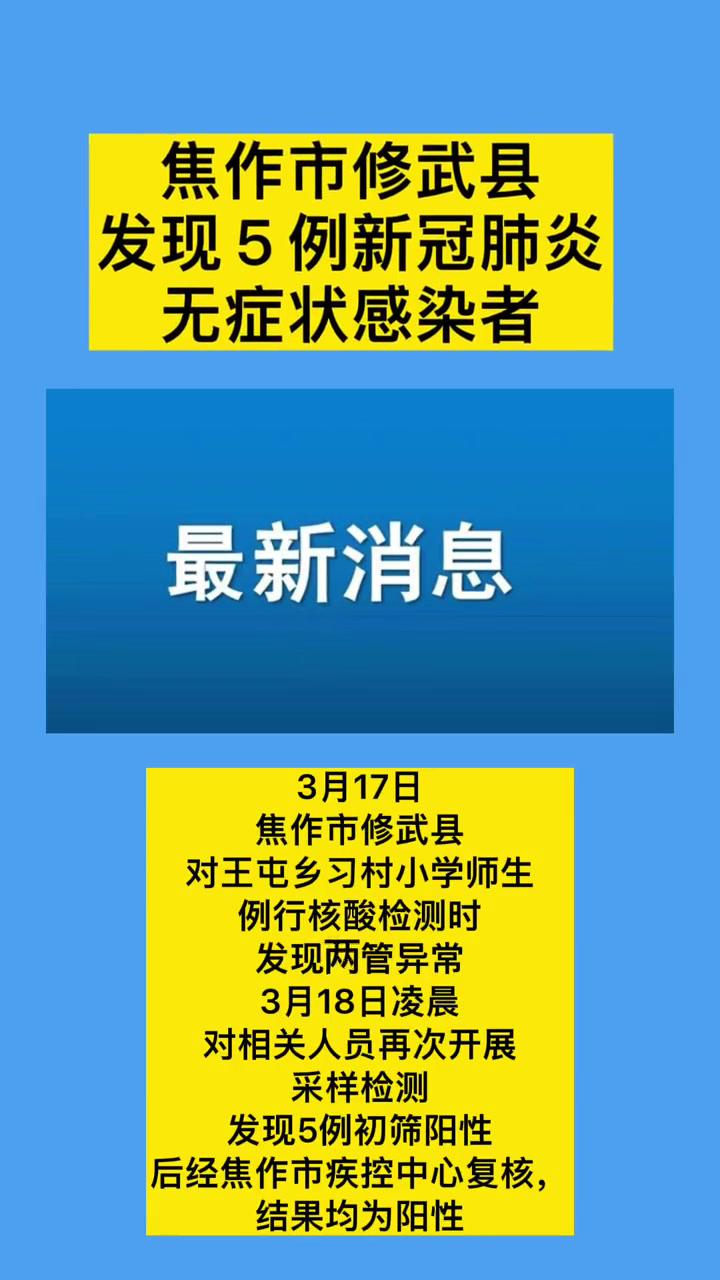 最新消息 疫情防控 焦作焦作市修武县发现5例新冠肺炎无症状感染者