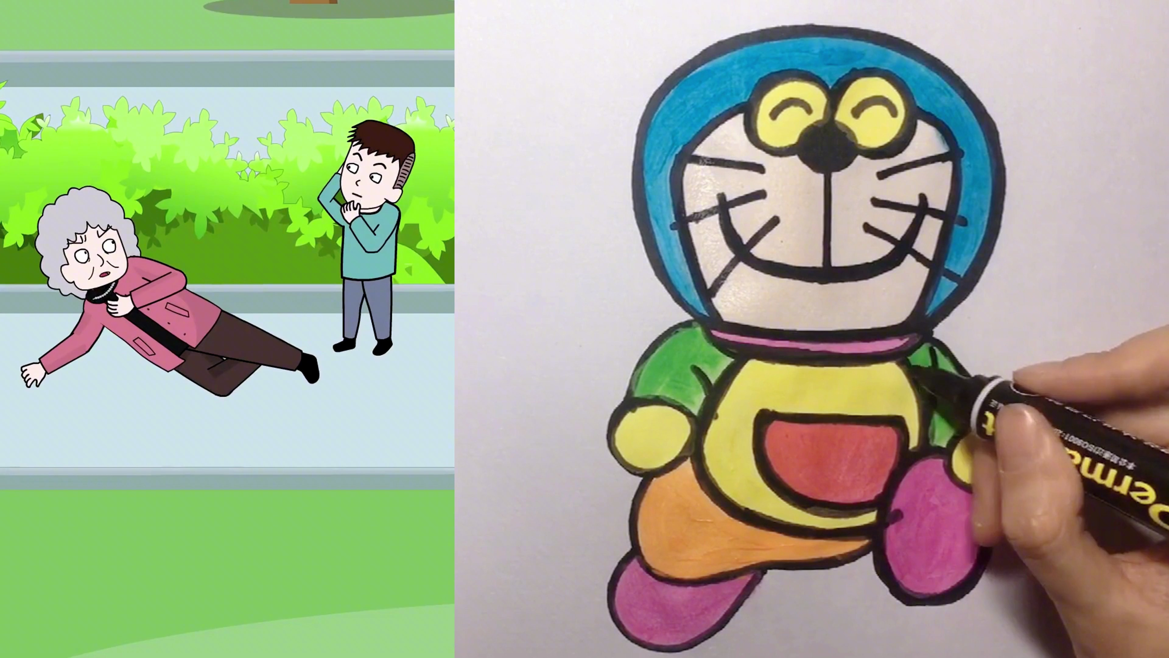 看动画学画画:简笔画~叮当猫的画法+涂色,儿童绘画简单又好看
