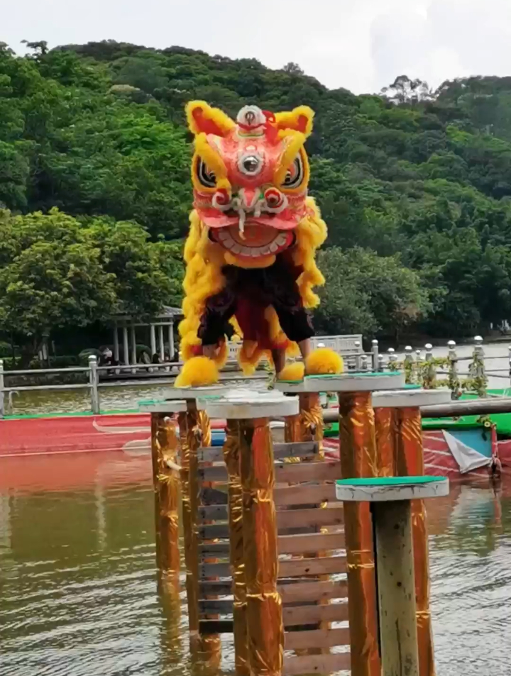 水上梅花桩训练,雄狮少年不言放弃!