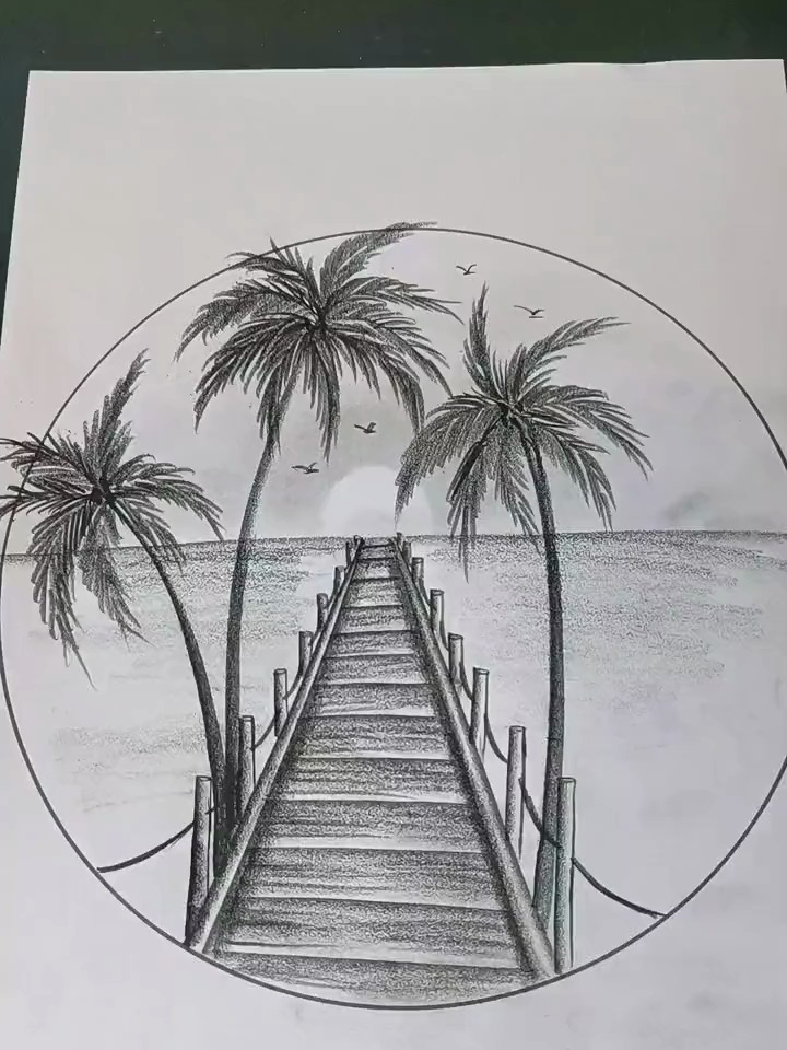 独木桥风景画,炭笔风景画