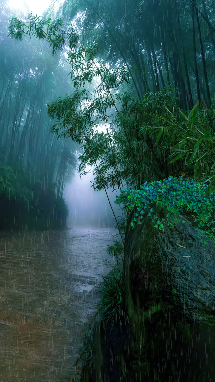 安静的林间雨下在地上演奏了一场音乐