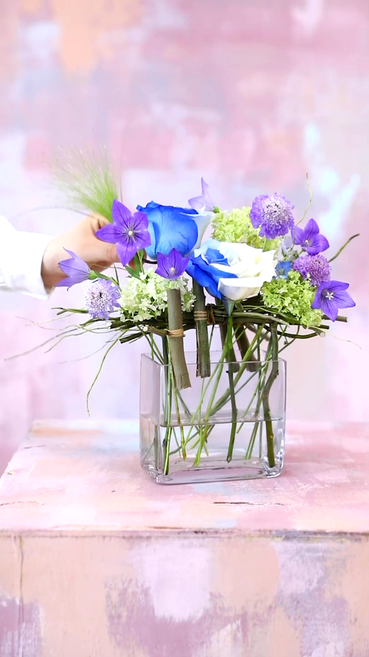 蓝白双色玫瑰|天空之城系列-矮玻璃瓶插花技巧