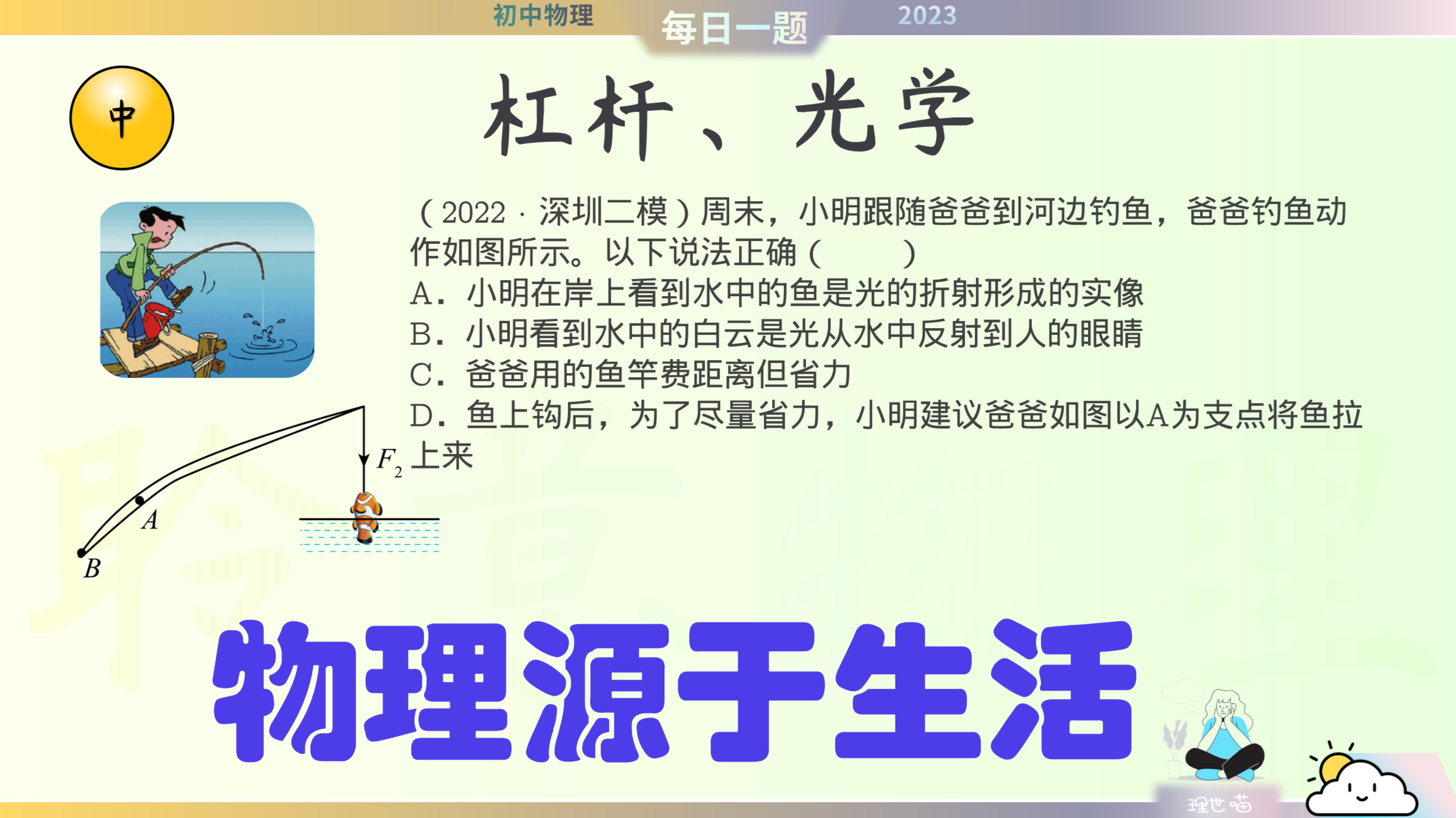初中物理每日一题,钓鱼竿省力吗?水中云和鱼原理一样吗?