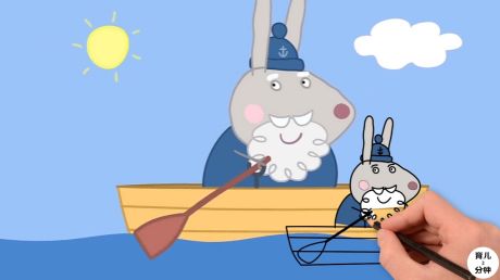 手绘简笔画,兔爷爷乘着小木船在海上漂流