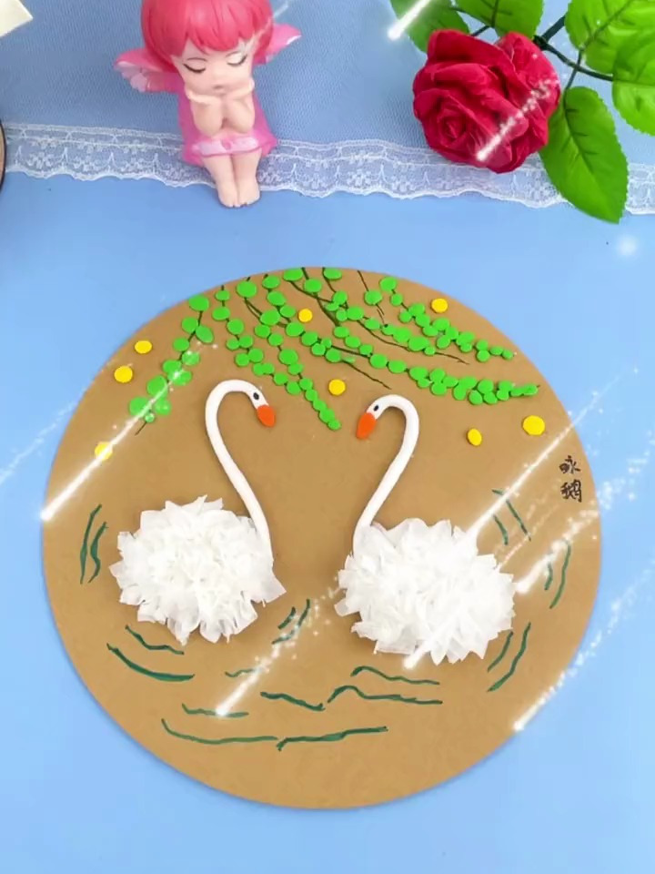 用家里卫生纸或口罩粘土戳一戳就是一幅大白鹅的美景