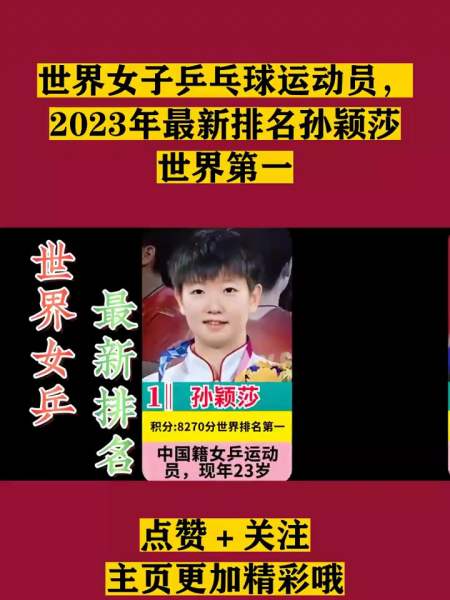 世界女子乒乓球运动员2023年最新排名孙颖莎世界第一