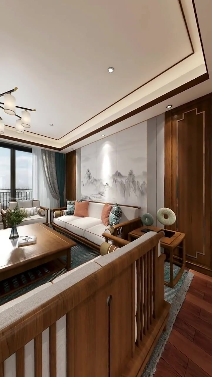 装修实景效果木饰面山水画一个家中式