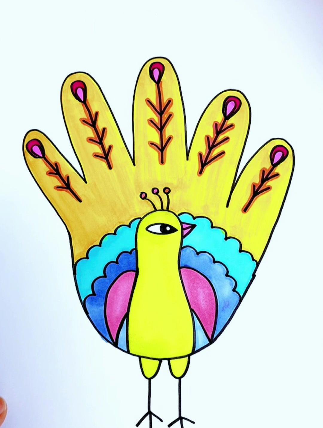 用手掌画孔雀,简单又好看