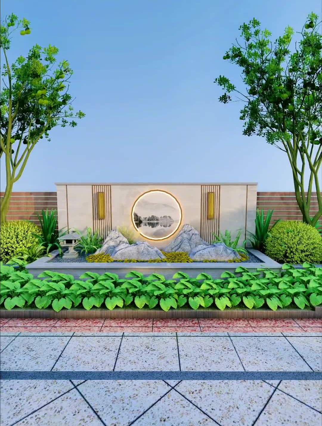 新中式庭院景墙,搭配花草石头更高级
