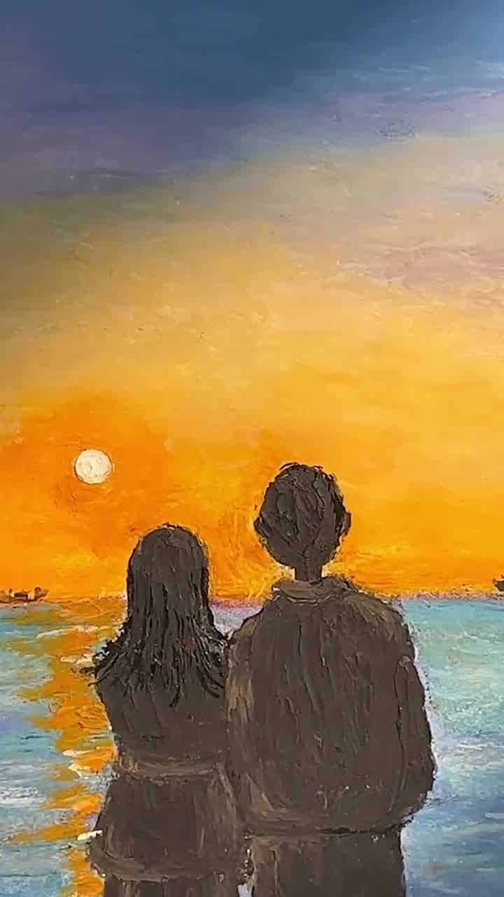 油画棒作品夕阳恋人视频教程