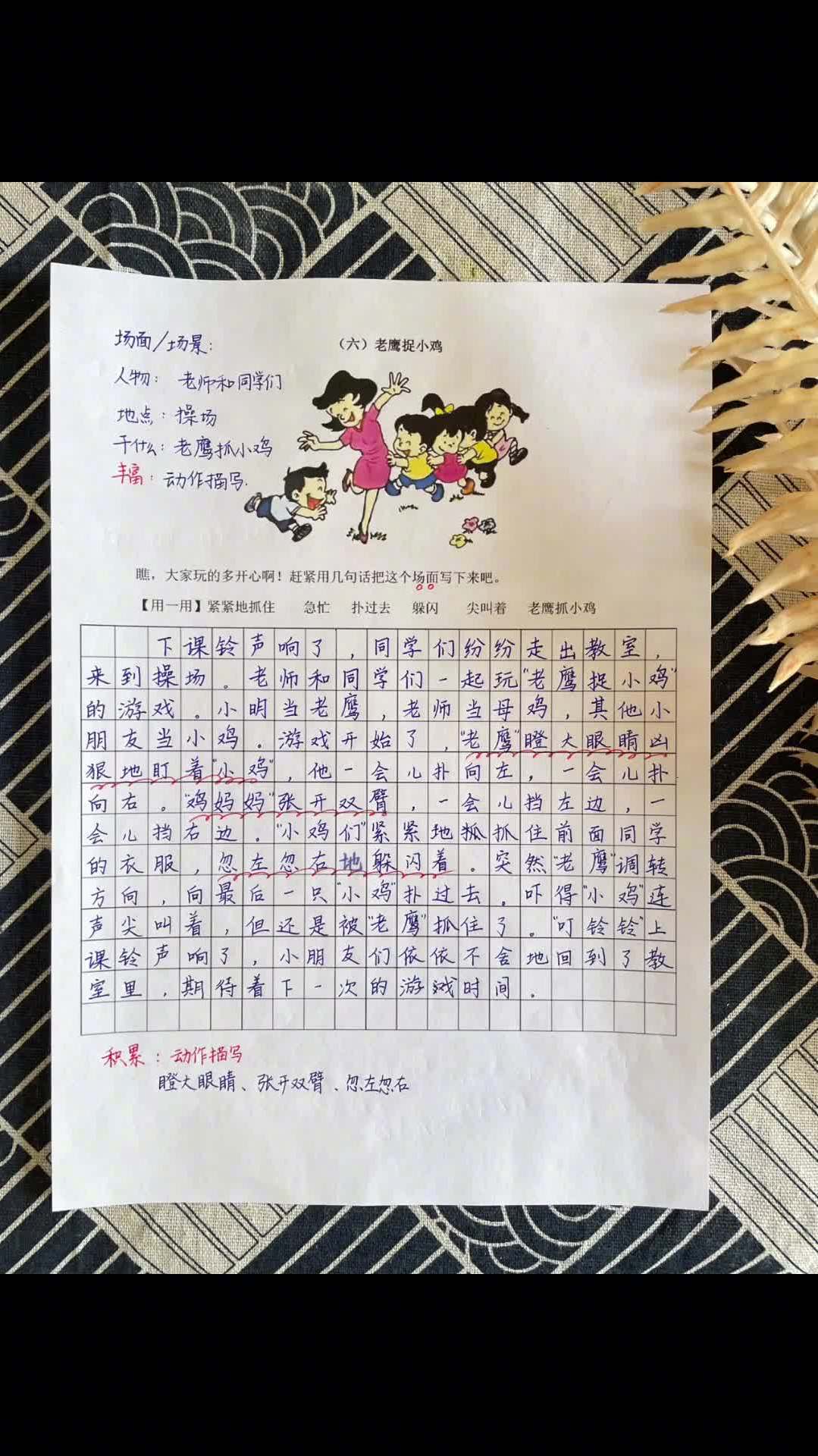 一二年级常考看图写话《老鹰捉小鸡》范文笔记